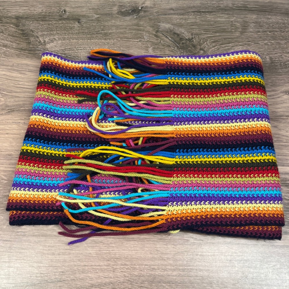 Handmade‎ Knit Scarf Multicolor Striped Fringe Trim Rainbow